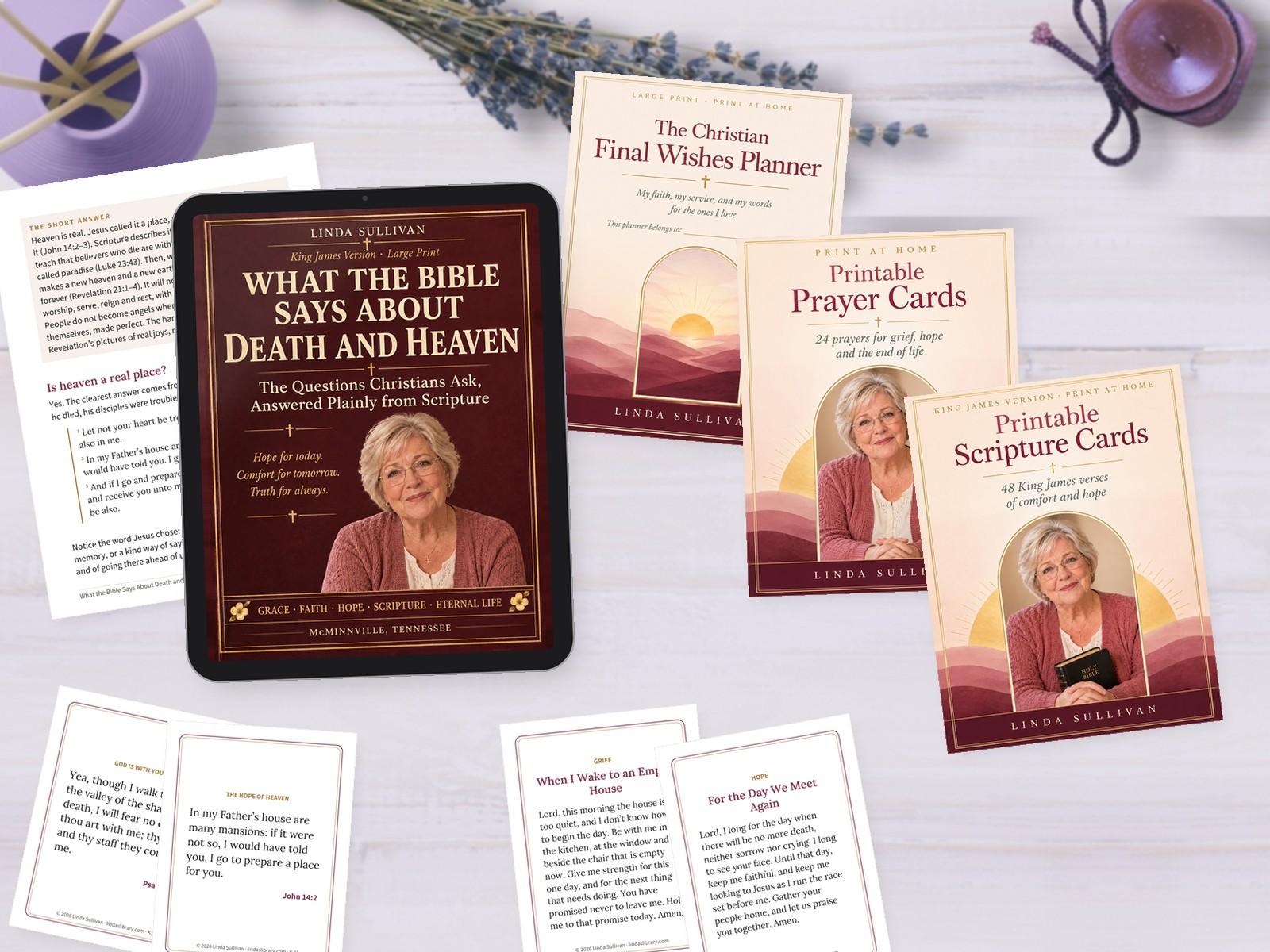 The Complete Set: the book on a tablet, beside the covers of the planner, the prayer cards and the Scripture cards, with a printed page of the book and printed cards